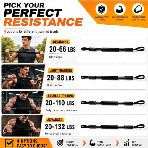 Power Twister Bar - Chest & Arm Exerciser, Upper Body Strength Trainer with 20-66 lb Resistance, Non-Slip Grips & Wrist Straps for Home Gym Workout