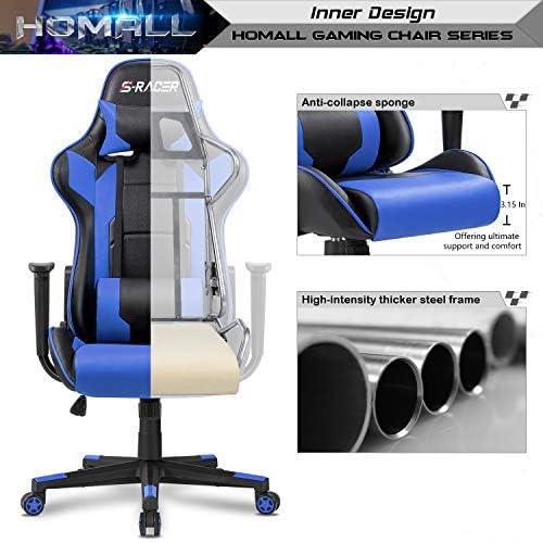 Homall Gaming Chair, Office Chair High Back Computer Chair Leather Desk Chair Racing Executive Ergonomic Adjustable Swivel Task Chair with Headrest and Lumbar Support(Blue)