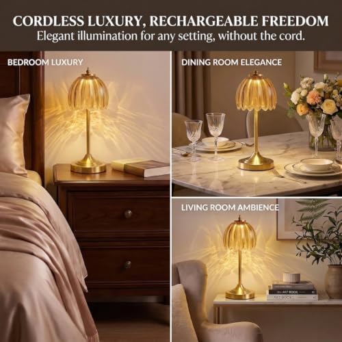 Tulip Glass Rechargeable Table Lamp, Cordless Vintage Table Light (Amber)