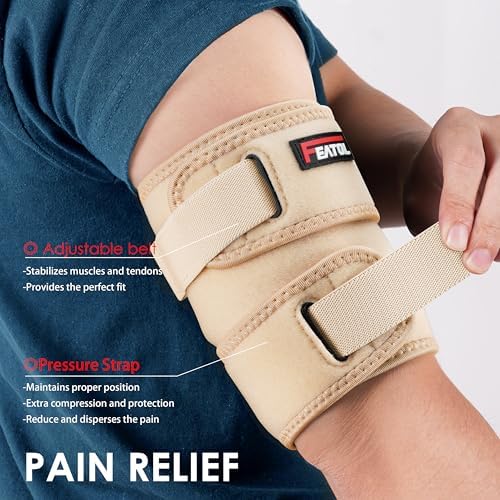 FEATOL Bicep Tendonitis Brace with 2 Gel Ice Packs, Upper Arm Brace Tricep Compression Sleeve Support Hot & Cold Therapy for Men and Women, Pain Relief for Muscle Strains,Inflammation (Beige with 2 ice packs, M（10“-12”）)