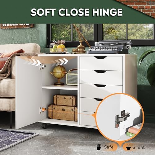 DEVAISE 5-Drawer Wood Drawer Cabinet, Office Storage Cabinet, White