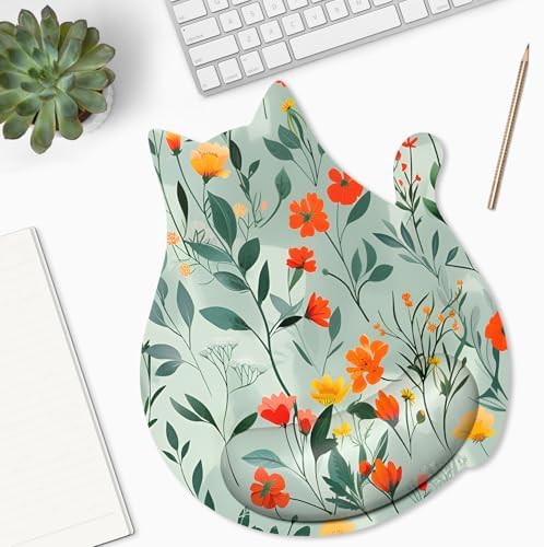 Ergonomic Mouse Pad with Wrist Rest, Cute Cat Memory Foam Padded Pain Relief Non-Slip Wrist Support Mouse Mat for Gaming Work Computer Laptop, Funny Office Supply Desk Accessory, Pretty Flower
