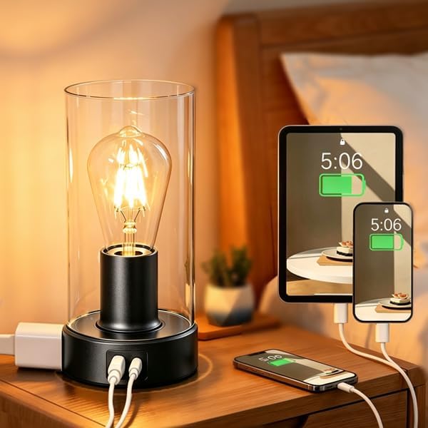 Touch Control Bedside Lamp with Charging Station, Black Small Table Lamp