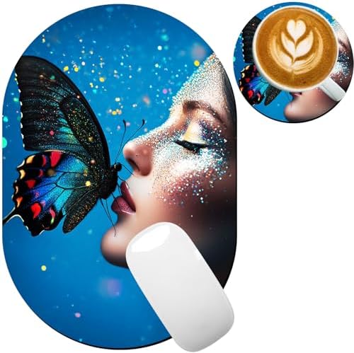 Small Mouse pad, Portable, Waterproof Non-Slip Rubber Bottom, Suitable for Wireless Mouse, Laptop Keyboard Tray for Both Men and Women, Office Travel 7.1x10.6in，Butterfly and Glittery Face
