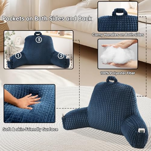 Reading Pillow with Arms for Sitting in Bed,Backrest,Blue Flannel,M