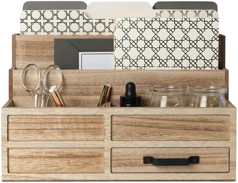 BLU MONACO | Natural Wood Mail Organizer with Drawer & Pen Holder | Rustic Desk Organizer for Bills, Letters & Countertop Storage | Wooden Desktop Mail Sorter for Home & Kitchen