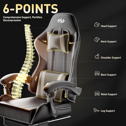 HLDIRECT Gaming Chair with Footrest, Lumbar Support & Headrest, Black&Grey