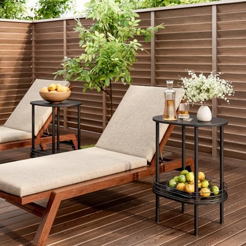 Small Oval Side Table with Storage, 2-Tier Black End Table for Small Space