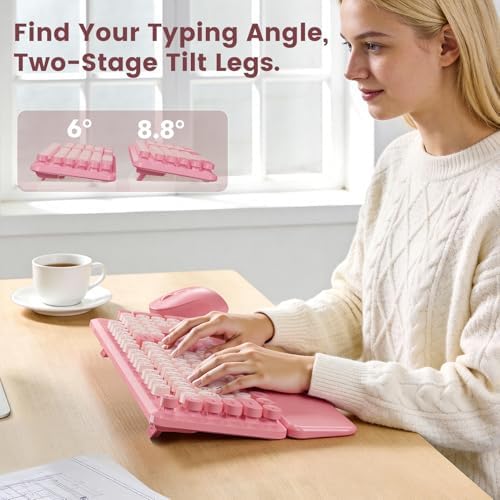 Wireless Keyboard and Mouse Combo, Magnetic Wrist Rest, Round Keycaps, Pink