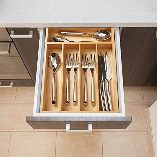 Umilife Kitchen Drawer Organizer, 10 Inch Silverware Utensil Tray Holder, Extra Deep, with Non-Slip Feet & Grooved Drawer Divider, 5 Slots Total Bamboo Wood Caddy for Flatware Cutlery Knives