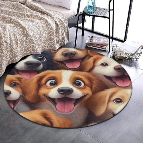 Large Home Decor Mat, Soft Round Yoga Carpet, Non Slip Machine Washable Kitchen Office Circle Rug Cartoon Selfie Dog