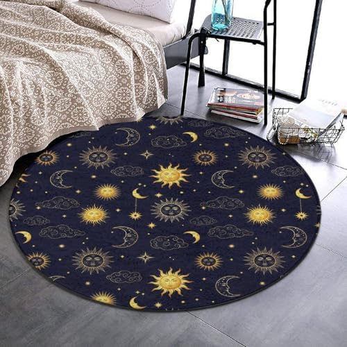 Large Machine Washable Circular Rugs, Home Decor Round Mat for Living Room Sofa Office Compatible with Sun Moon Boho Astrology