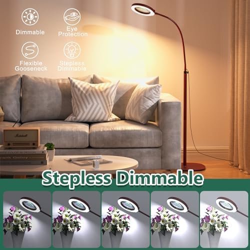 15X Magnifying Glass with Light and Stand, Optical Grade Real Glass Lens, 5 Color Modes, Stepless Dimmable, 24" Flexible Gooseneck 3-in-1 Floor Lamp, LED Lighted Magnifier Hands Free for Hobby - Red
