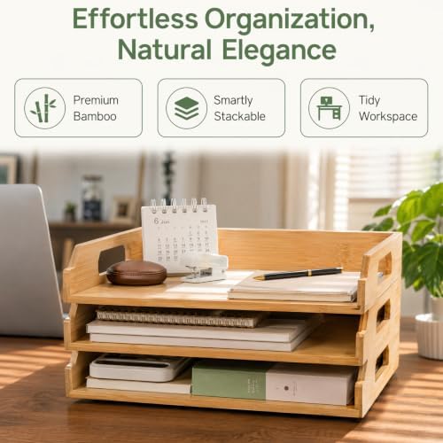 Okllen 3 Pack Stackable Paper Trays, Bamboo Desk Letter Tray Set, 3 Tier File Document Organizer Tray for A4 Paper, Magazine, Receipts, Office Supplies
