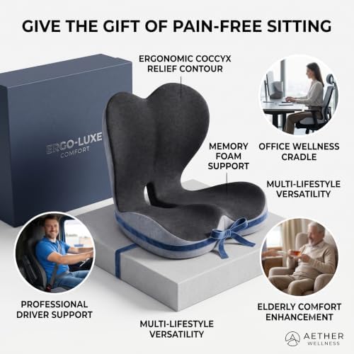Memory Foam Office Chair Cushion with Lumbar Support Pillow – Ergonomic Desk Chair Cushion for Sciatica & Tailbone Pain Relief, L-Shaped Seat Cushion for Car, Truck, & Airplane Seat (Non-Slip Base)