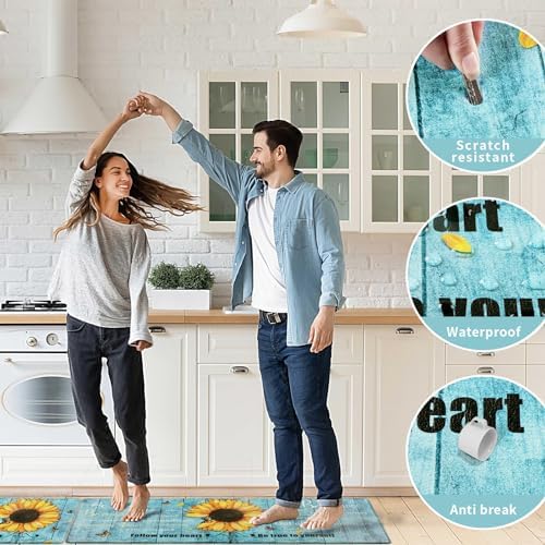 Likiyol Sunflower Kitchen Rugs Set of 2 Anti-Fatigue Mats, Spring Non-Slip Washable Floral Standing Floor Mat, 18''x30''+18''x48'' (Blue)