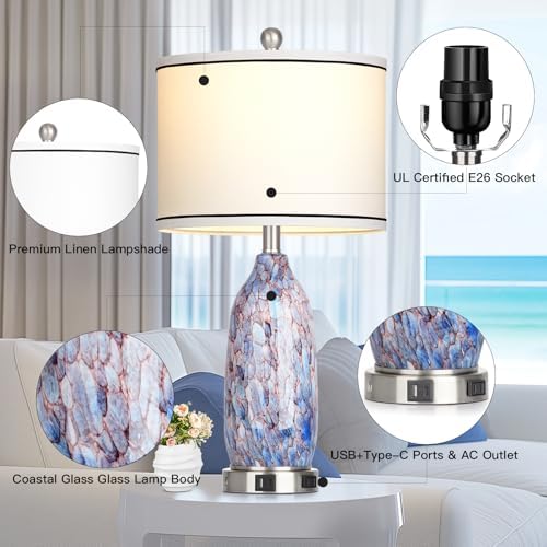 Coastal Lamps with USB A+C Ports & LED Night light, Unique Seashells Glass Table Lamps with Natural Fabric Shade, Modern Touch Control Beach Bedside Lamp for Living Room Bedroom Nightstand Navy Blue