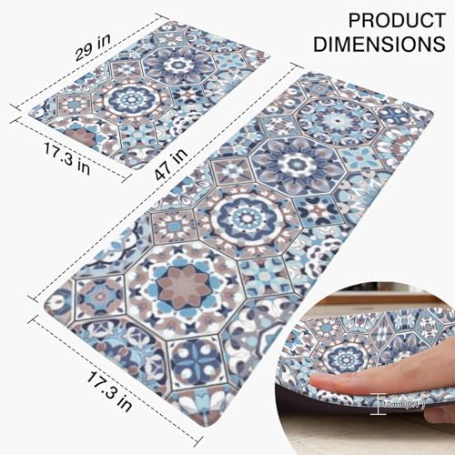 Farmhouse Boho Anti Fatigue Kitchen Mats, 17.3"x47"+17.3"x29", Blue