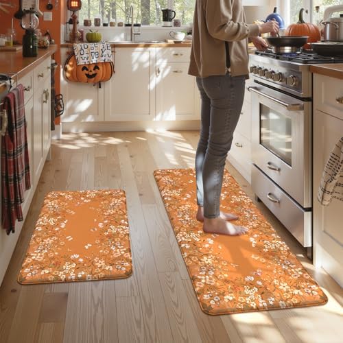 KIMODE Anti Fatigue Kitchen Mats Cushioned,Fall Orange Kitchen Rugs Sets