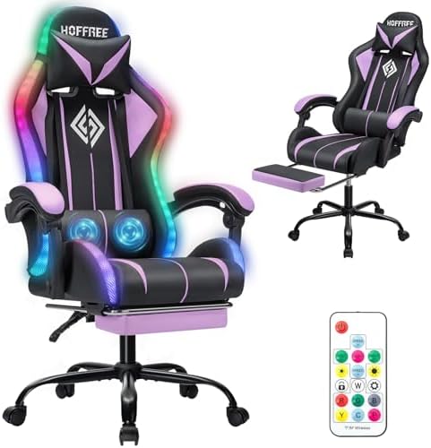 HOFFREE LED Gaming Chair with Massage RGB Light Computer Game Chair-Purple