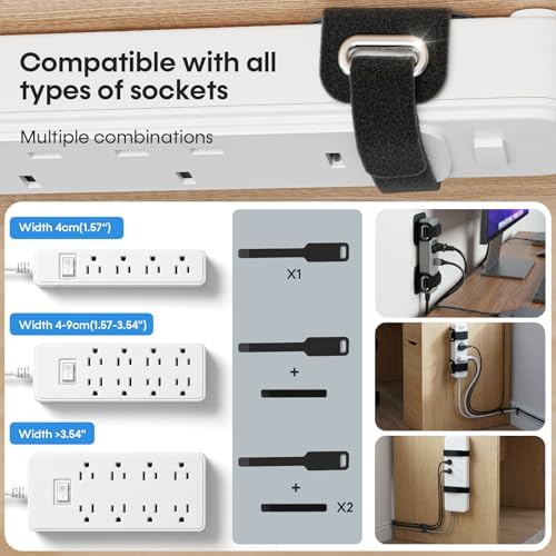 Cable Management Under Desk, Large Bundle Cord+Power Strip Organizer-8 Pair