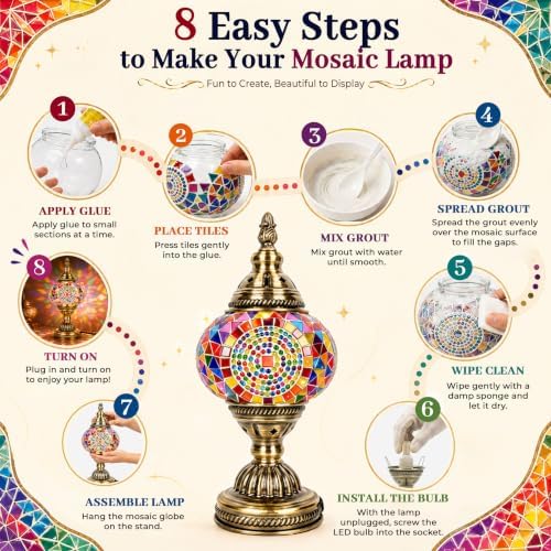 Joyclub DIY Turkish Mosaic Lamp Kit for Adults, Beginner Friendly, Colorful