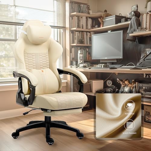 Dowinx Big & Tall Vintage Gaming Chair for Adults, 400 lb Capacity Heavy Duty Ergonomic Computer Chair with Massage Lumbar, Footrest & Easy Side Recline, Beige