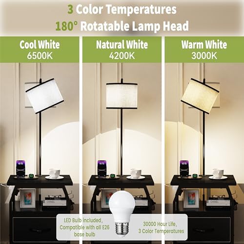 runjuly Floor Lamp with Table, End Table with Charging Station&Light, Black