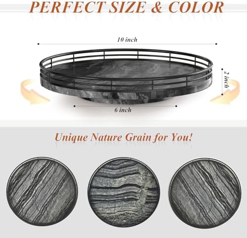 AMH 10-Inch Ancient Wood-Grain Marble Lazy Susan with Black Iron Frame