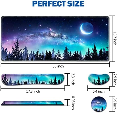 AIMSA Large Gaming Mouse Pad Set, Keyboard Wrist Rest Support + Extended Mouse Pad + Mouse Wrist Cushion + Coaster, Ergonomic Memory Foam Multifunctional Desk Mat 35x15.7inch (Forest Moon Sky)