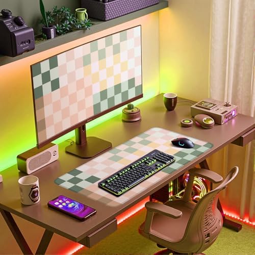 Checkered Desk Mat Cute Pink Pastel XXL Large Mouse Pad Aesthetic Boho Desk Pad with Stitched Edges, Office Decor Keyboard Pad Mouse Mat for Computer