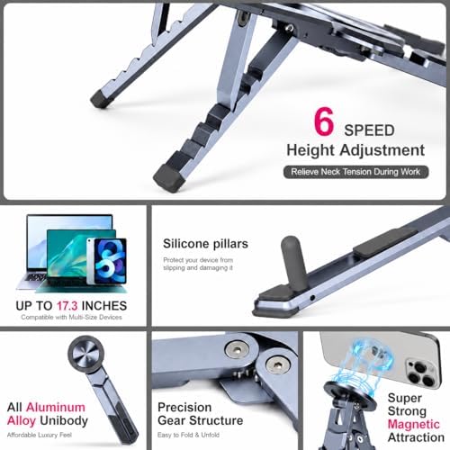 4-in-1 Adjustable Laptop Stand for desk with Magnetic Phone Holder & Camera Tripod, Foldable Aluminum Stand for Laptop, Tablet, Camera, Portable Ergonomic Desk Setup for Travel & Remote Work(Gun Gray)