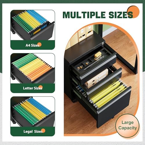 Letaya 3 Drawer Mobile File Cabinet with Lock,Under Desk Metal Filing Cabinets for Home Office Organizer Letters/Legal/A4((Fully Assembled-Black)