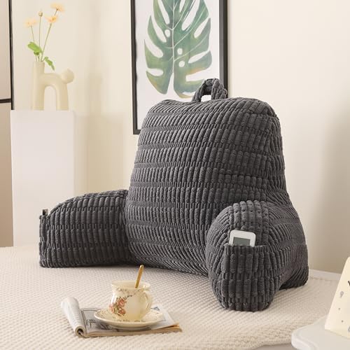 Large Reading Pillow for Sitting Up with Arms,Gray Corduroy