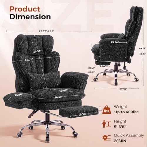 GTPLAYER Big and Tall Office Chair,Flip Armrests for Pets & Cross Legged Sitting,Executive Ergonomic Computer Gaming Chair with Foot Rest,Gliter Fabric Wide Seat Reclining Desk Chair