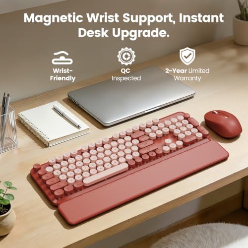 Wireless Keyboard Mouse Combo, Magnetic Wrist Rest, Round Keycaps, Wine Red