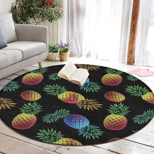 Large Home Decor Mat, Soft Round Yoga Carpet, Non Slip Machine Washable Home Office Circle Rug Pineapple Colorful, 24inch