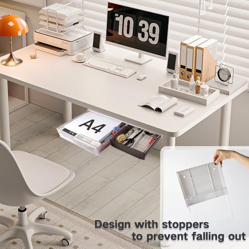 OSPNIEEK Self-adhesive Under Desk Drawer Organizer, 2 Pack Table Hidden Slide Out Large Storage Mounted Desktop Pencil Holder Tray Drawers for Office Home School Stationery Kitchen (XL+L, White)