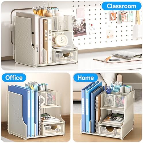 Lavatino Desk Organizer – 4-in-1 White Mesh Office Supplies Organizer with Pen Holder, File Holder, Desktop Tray, and Drawer for Home, Office, Classroom