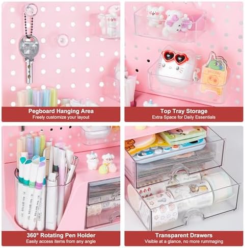 Comix Desk Organizer with 2 Drawer, Pink 360° Rotating Pen Holder for Desk