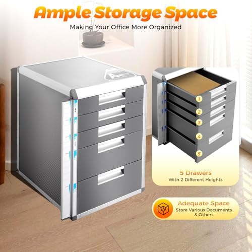 Desk Organizer with 5 Drawers, Metal Desktop Storage Cabinet File Holder with Locks and Keys, Filing Case Literature Organizer for Office Home, L12.4*D13.8*H16in, Silver & Grey