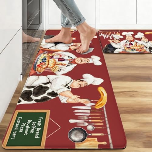 Chef Anti Fatigue Kitchen Mats for Floor, 17.3"x47"+17.3"x29", Red