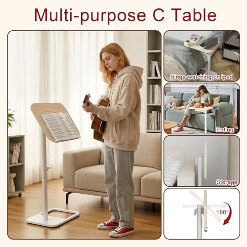 GOYLSER TV Tray Table for Couch, Height Adjustable/360° Swivel/180° Flip-Over Panel Design C-Shaped End Table, Sofa End Side Table with Phone & Tablet Slot for Eating, Laptop, Couch (Natural)