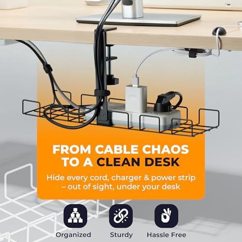 JANEX Under Desk Cable Management Tray Kit, No Drill Clamp-On Cable Organizer for Desk, Wire Cord Management Tray with Cable Sleeve, Cable Clips, Ties & Velcro Strips, Black