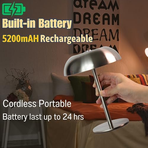 Cordless 11" Mushroom Table Lamp with Dimmable 3 Color, 5200mAh, Gold