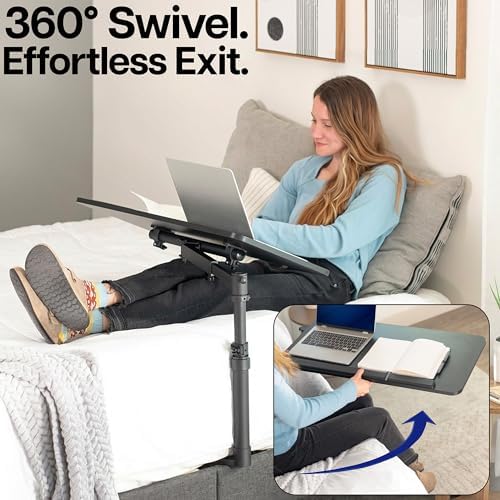 Height Adjustable Under Mattress 30 inch Bedside Desk, Works with Lofts and Beds Without Frames, Tilting Desktop, Fits Laptops, Books, and More, Black