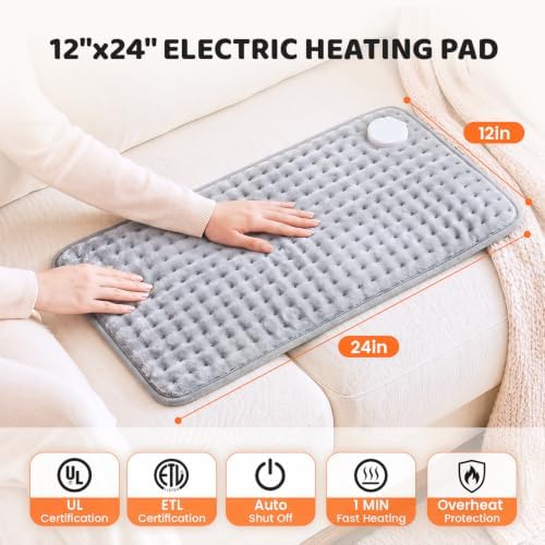 Electric Heating Pad for Back Pain & Period Cramps, 12"x24", Gray