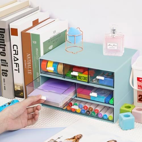 3 Tier Stackable Desk Organizer with 6 Drawers, YOCOMEY Plastic Desktop Storage Box Drawers, Detachable Makeup Storage Office Stationery Supplies Organizer for Office School(New Green)