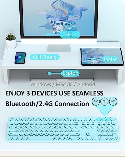 Quiet Wireless Keyboard, Round Keycaps, Low Profile Slim Design (Blue)