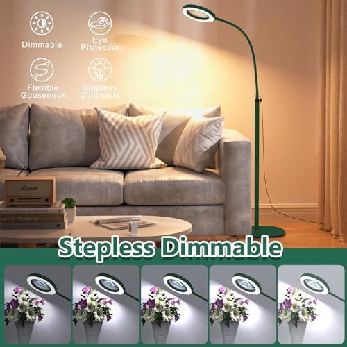 15X Magnifying Glass with Light and Stand, Optical Grade Real Glass Lens, 5 Color Modes, Stepless Dimmable, 24" Flexible Gooseneck 3-in-1 Floor Lamp, LED Lighted Magnifier Hands Free for Hobby - Green